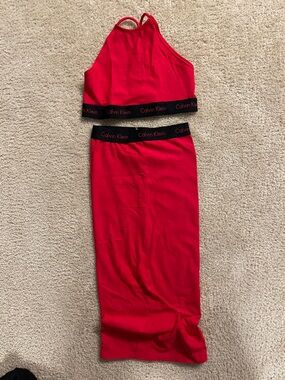 Calvin Klein Red Crop Halter Top & Matching Midi Skirt